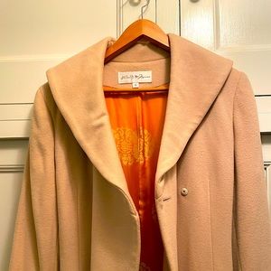 100% Camel color cashmere long wrapped coat.